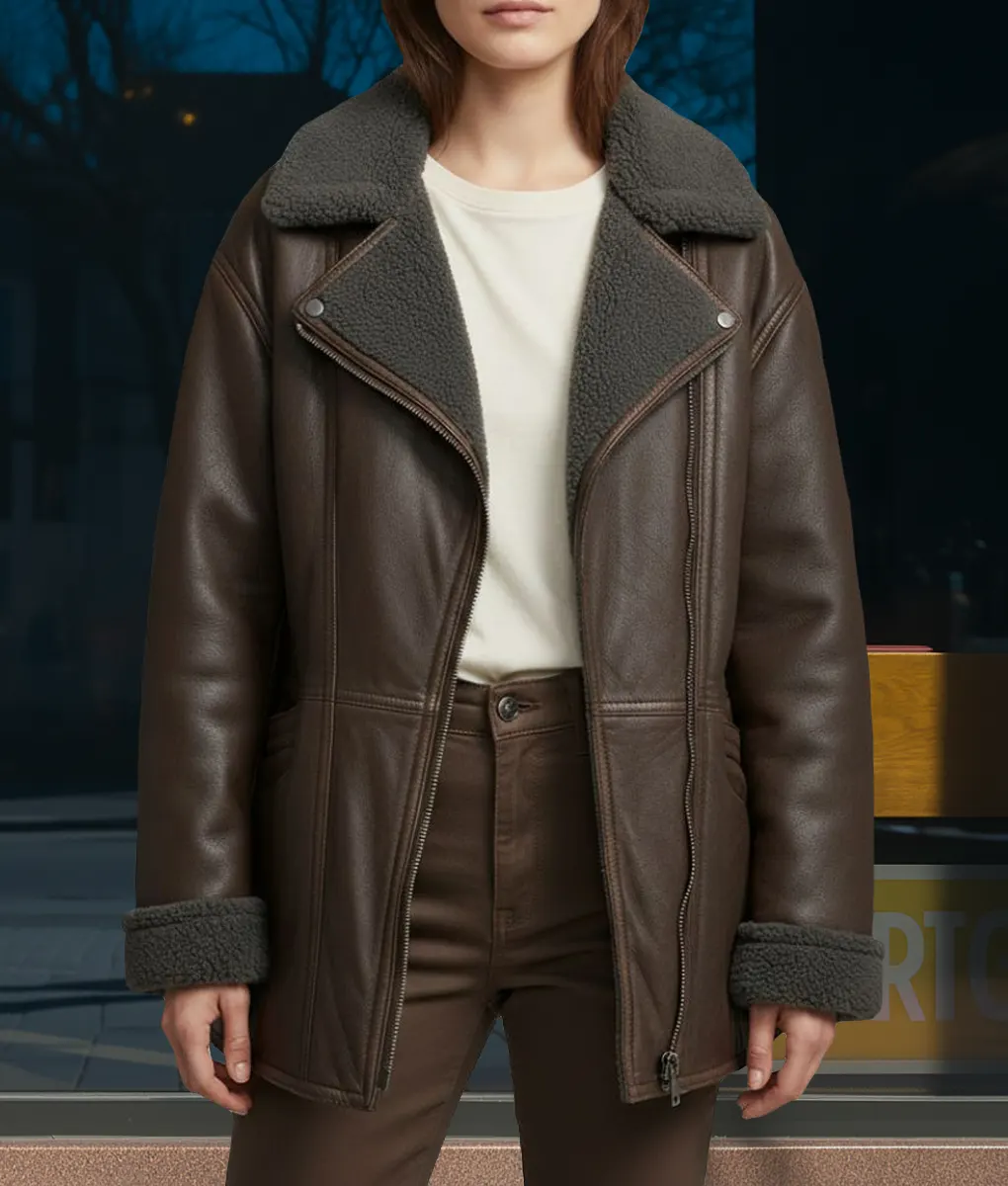 Ella McCay Movie Emma Mackey Shearling Aviator Jacket-Front