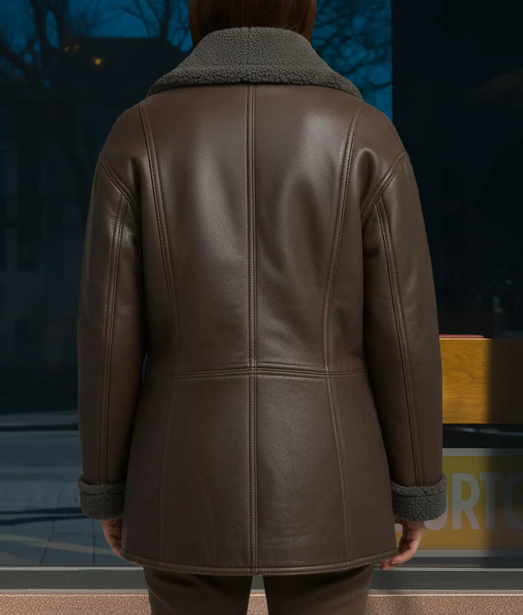 Ella McCay Movie Emma Mackey Shearling Aviator Jacket-Back