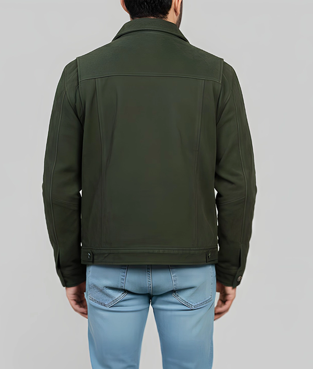 Garry Men's Green Distressed Suede Trucker Jacket - Men's Green Suede Trucker Jacket-7