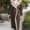 Gigi Hadid Shearling Brown Leather Trench Coat-Front