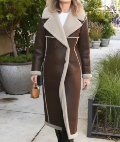 Gigi Hadid Shearling Brown Leather Trench Coat-Front