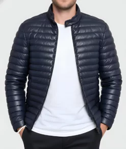 Havoc Men's Blue Leather Puffer Jacket - Men's Blue Leather Puffer Jacket-5
