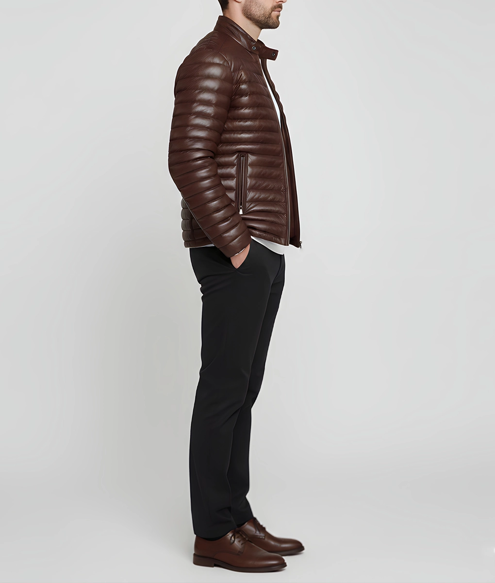 Havoc Men's Brown Leather Puffer Jacket - Men's Brown Leather Puffer Jacket-2