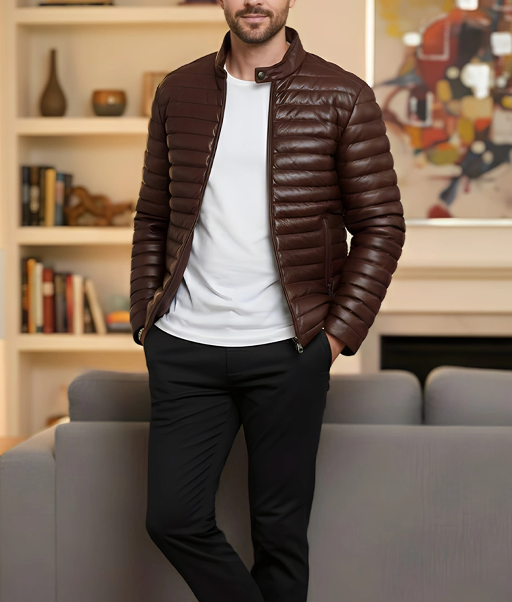 Havoc Men's Brown Leather Puffer Jacket - Men's Brown Leather Puffer Jacket-3