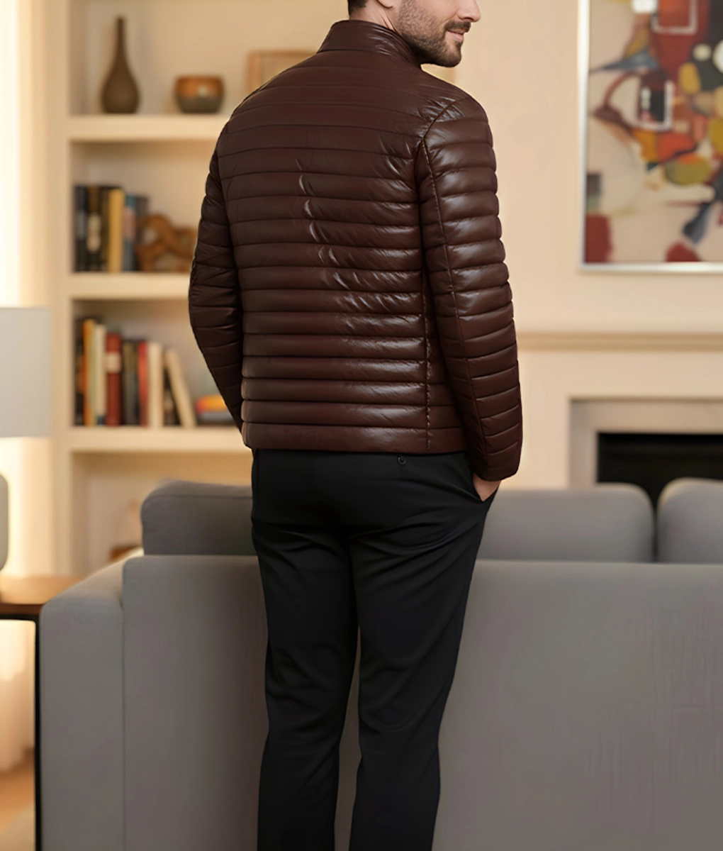 Havoc Men's Brown Leather Puffer Jacket - Men's Brown Leather Puffer Jacket-4
