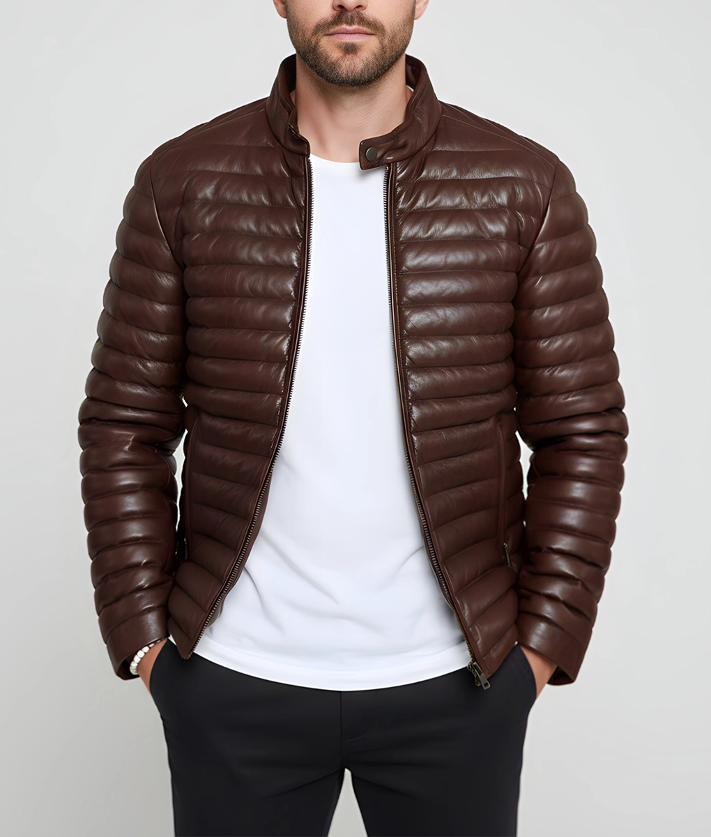 Havoc Men's Brown Leather Puffer Jacket - Men's Brown Leather Puffer Jacket-5