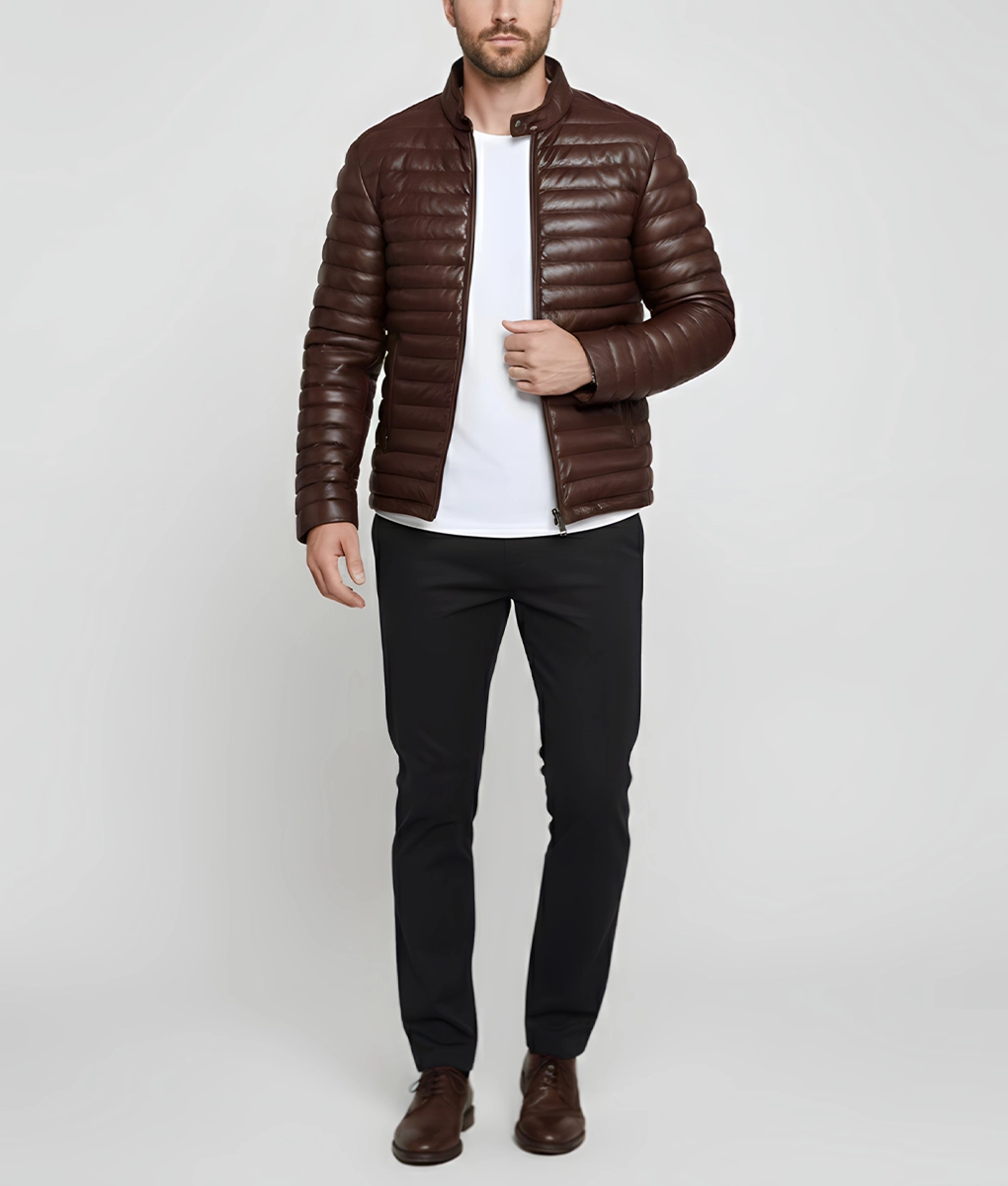 Havoc Men's Brown Leather Puffer Jacket - Men's Brown Leather Puffer Jacket-6