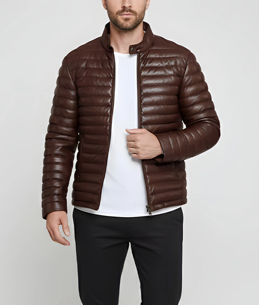 Havoc Men's Brown Leather Puffer Jacket - Men's Brown Leather Puffer Jacket-1