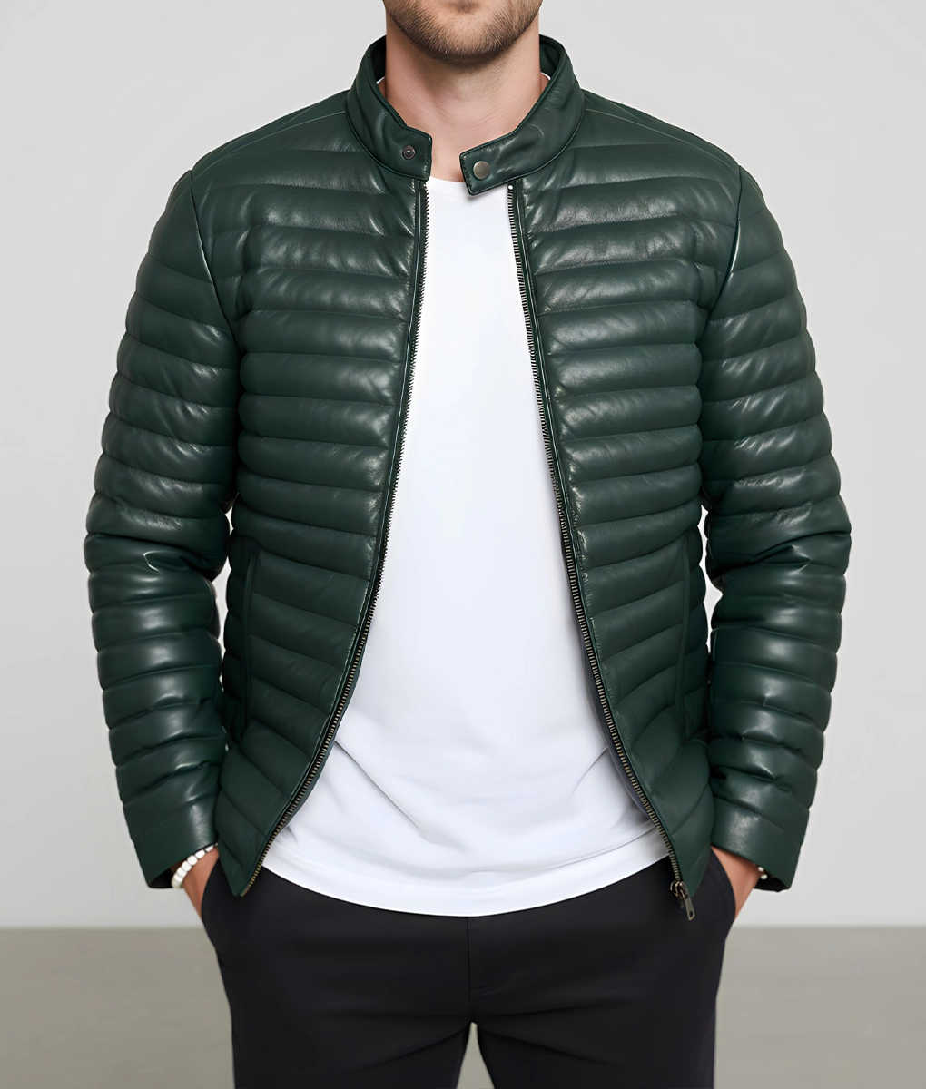 Havoc Men's Green Leather Puffer Jacket - Men's Green Leather Puffer Jacket-4