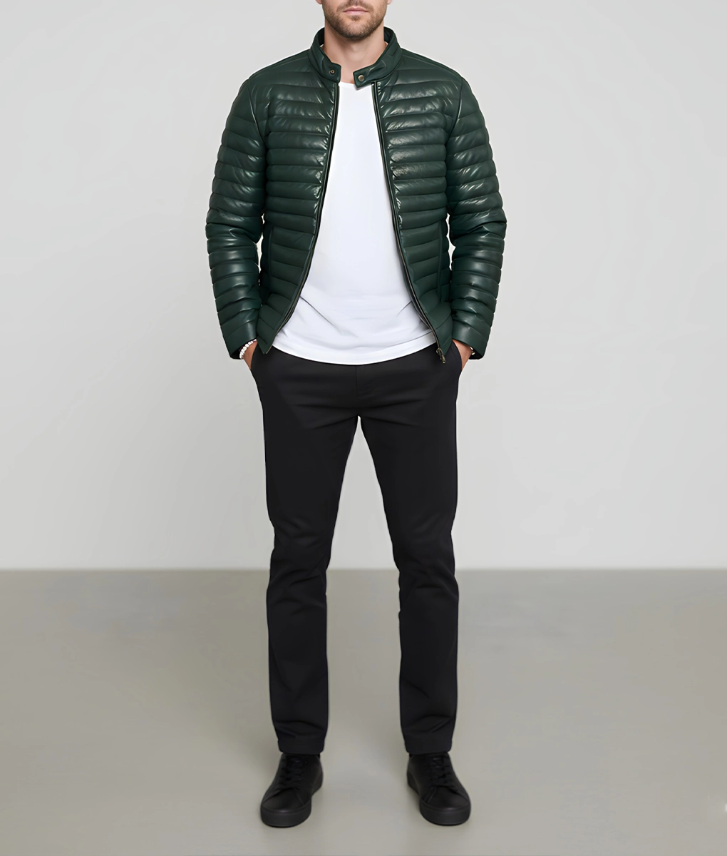 Havoc Men's Green Leather Puffer Jacket - Men's Green Leather Puffer Jacket-6