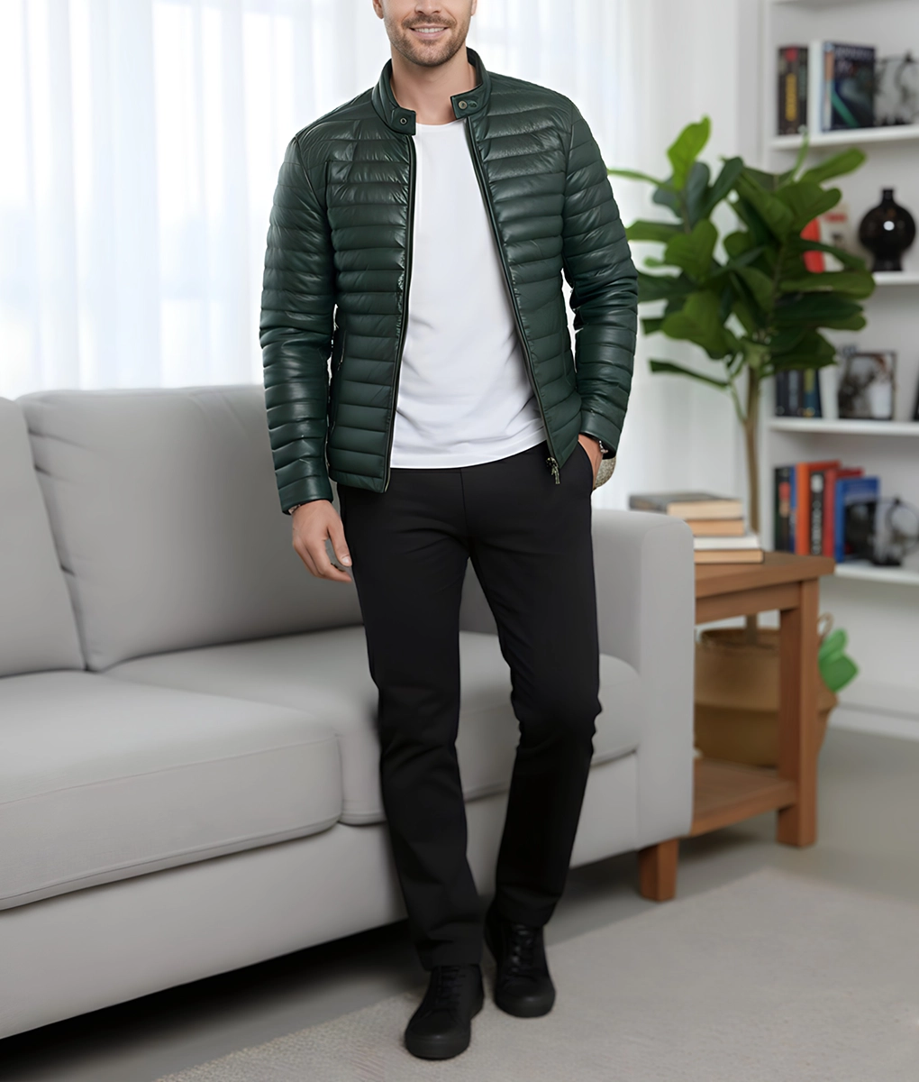 Havoc Men's Green Leather Puffer Jacket - Men's Green Leather Puffer Jacket-1