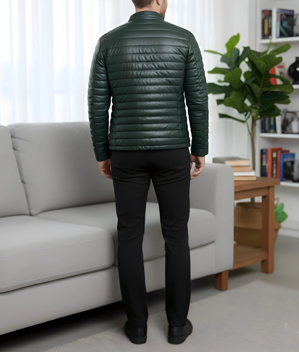 Havoc Men's Green Leather Puffer Jacket - Men's Green Leather Puffer Jacket-2