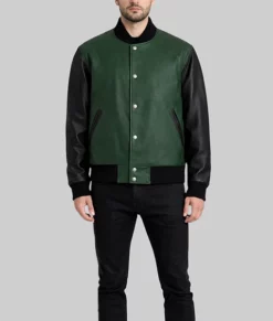 Holt Men’s Green Leather Bomber Jacket-Front Full