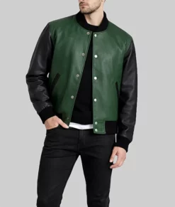 Holt Men’s Green Leather Bomber Jacket-Side Full