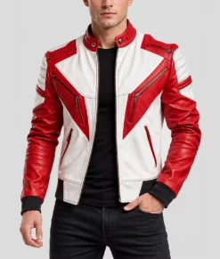 Men’s Street Racer Red and White Biker Leather Jacket-Front