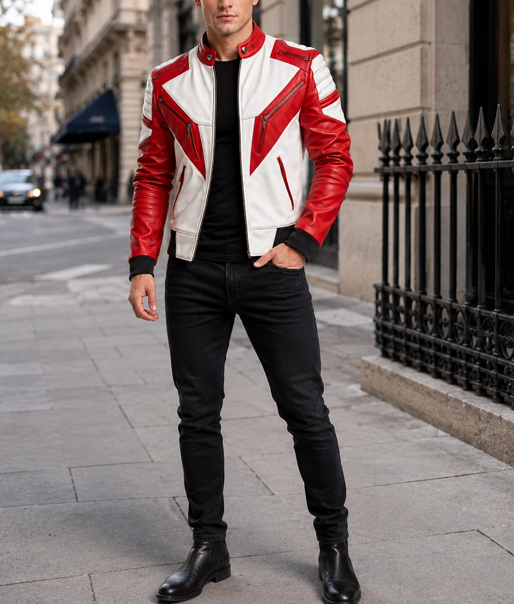 Men's Street Racer Red and White Biker Leather Jacket | NYC Jackets
