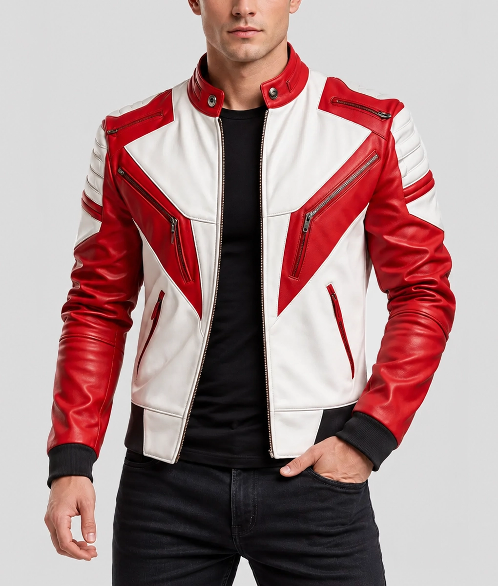 R.B.C　本革　レザージャケット　デザイン◎　コブラ　レッド＆ホワイト　L Men's Street Racer Red and White Biker Leather Jacket | NYC Jackets