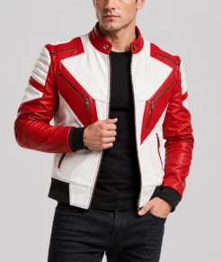 Men’s Street Racer Red and White Biker Leather Jacket-Side
