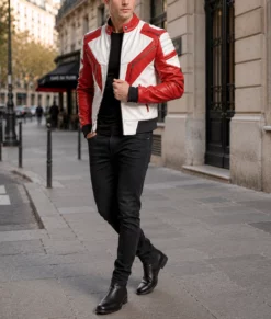 Men’s Street Racer Red and White Biker Leather Jacket-Side Full
