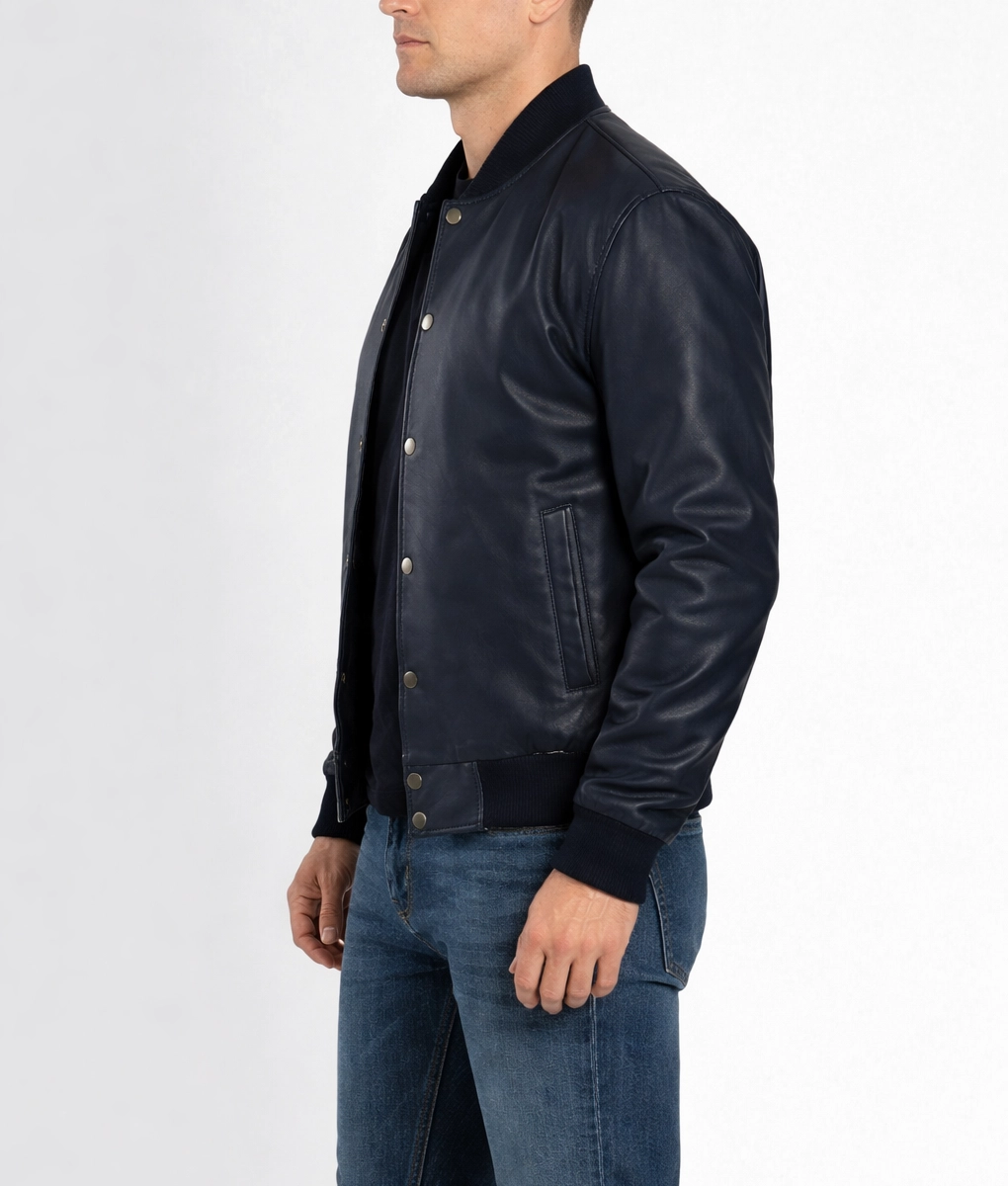 Tyler Men's Blue Leather Bomber Jacket - Men's Blue Bomber Jacket-3