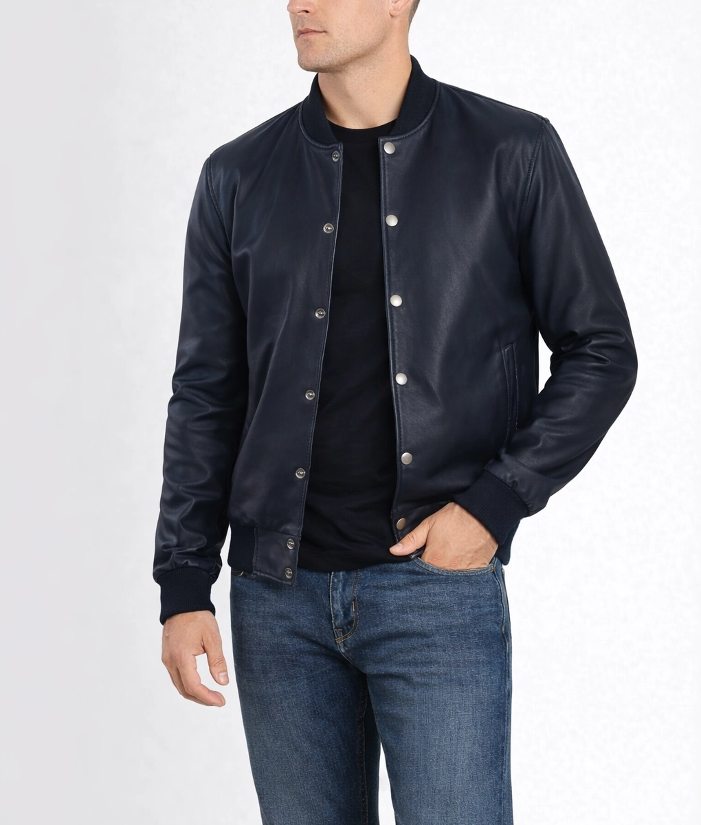 Tyler Men's Blue Leather Bomber Jacket - Men's Blue Bomber Jacket-4