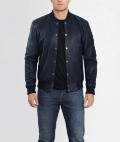 Tyler Men's Blue Leather Bomber Jacket - Men's Blue Bomber Jacket-1