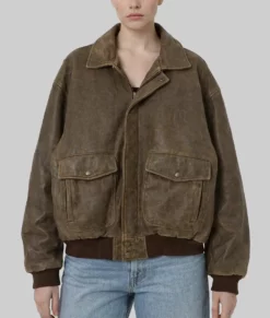 Kim Women's Distressed Brown A-2 Bomber Leather Jacket-Front