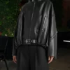 Lori Harvey Black Leather Bomber Jacket-Front