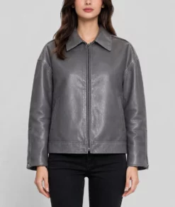 Maria Women&rsquo;s Grey Oversized Bomber Leather Jacket-Front