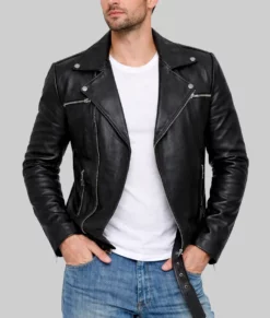 Andrew Men's Black Leather Biker Jacket-Front