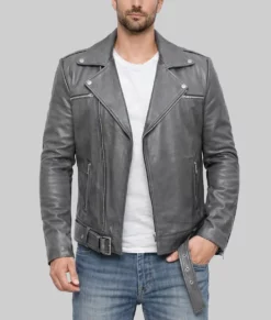Andrew Men's Grey Leather Biker Jacket-Front