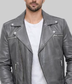Andrew Men's Grey Leather Biker Jacket-Zoom