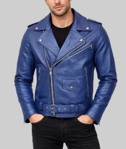 Brian Men's Blue Leather Biker Jacket-Front