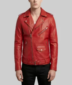 Brian Men's Red Leather Biker Jacket-Front