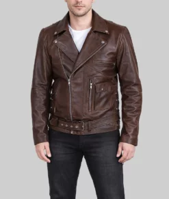 Charles Men's Brown Leather Biker Jacket-Front