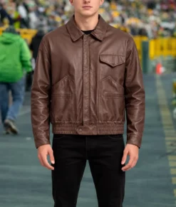 Charlie Puth Brown Leather Bomber Jacket-Front