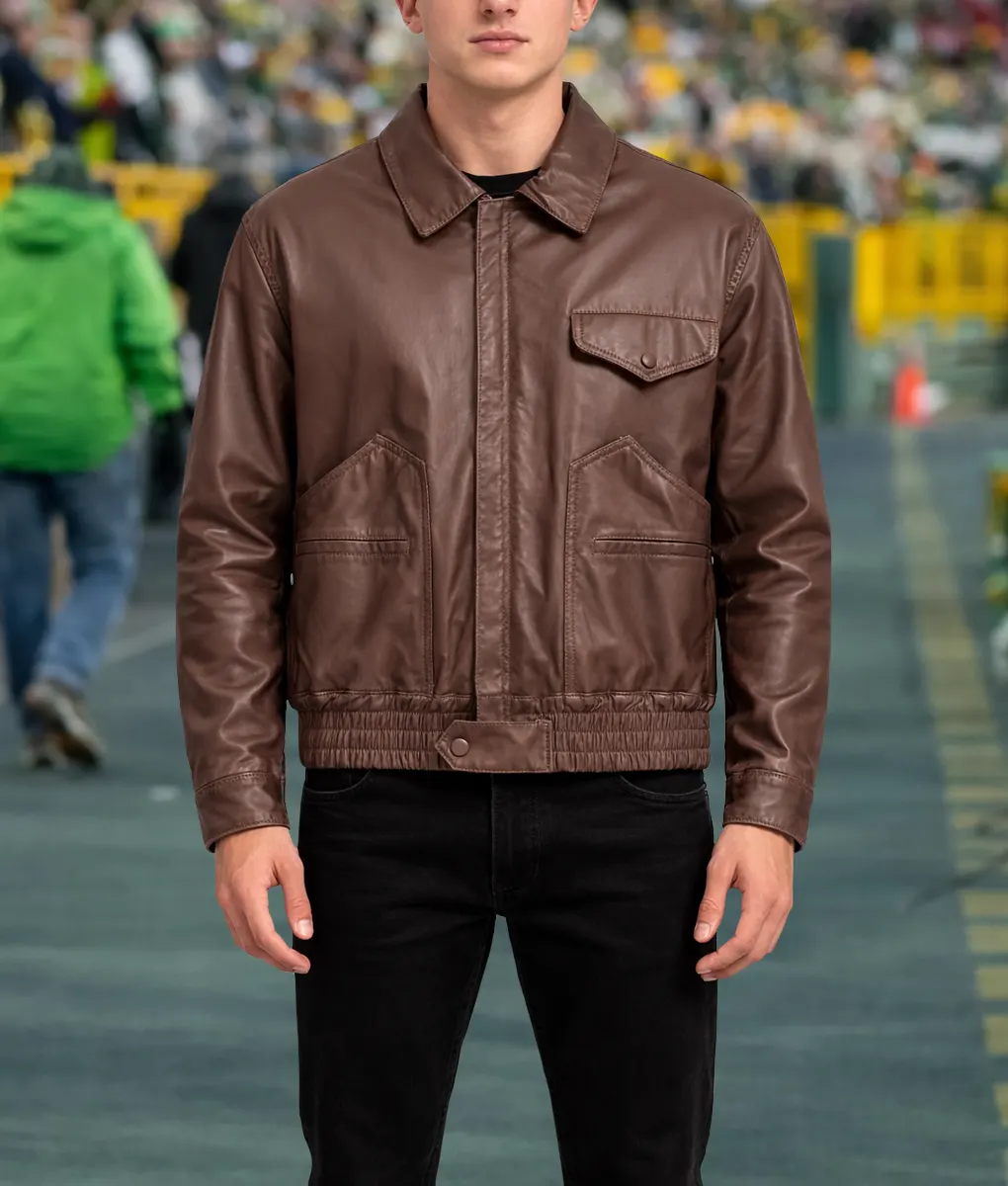 Charlie Puth Brown Leather Bomber Jacket-Front