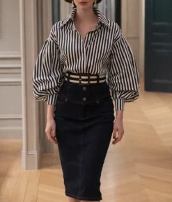 Emily In Paris S05 Lily Collins Striped Puff Sleeves Shirt-Front