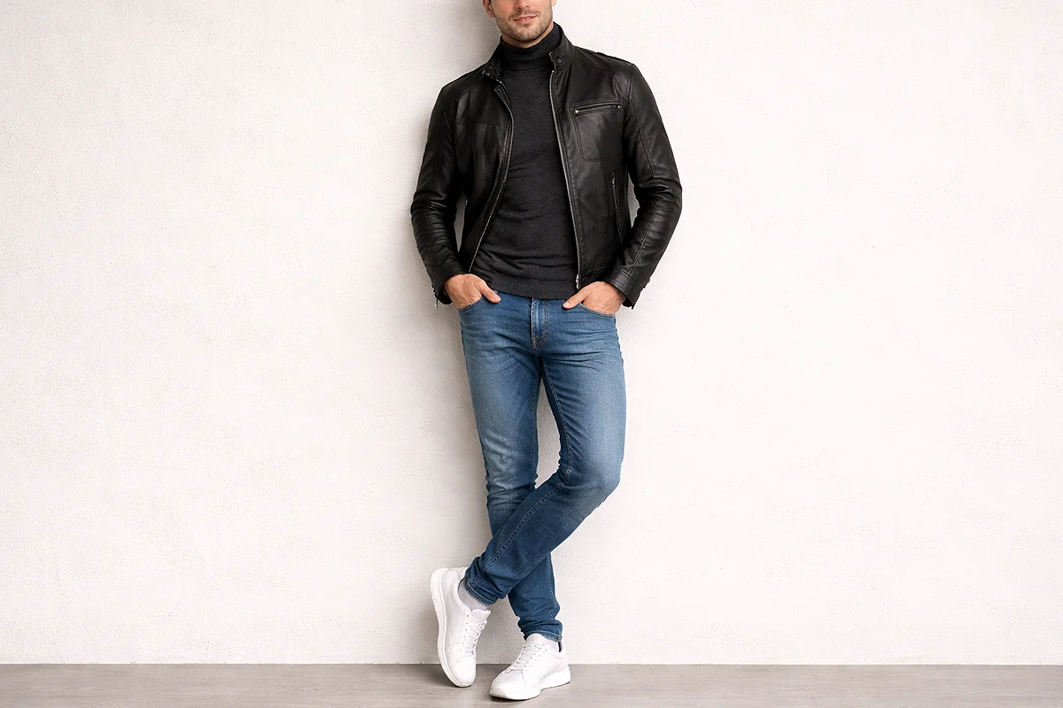 men's leather jacket outfit ideas