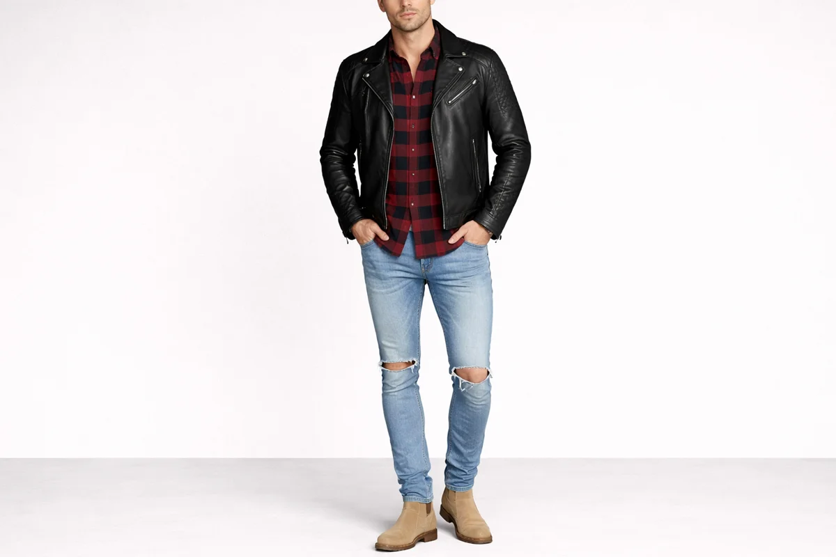 men's leather jacket outfit ideas