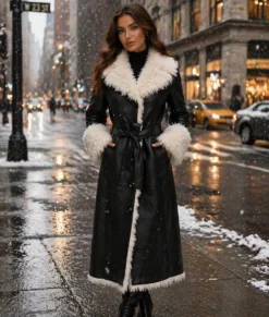 Christianna Womens Black Leather Fur Coat-Front