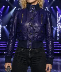 Madonna Purple Leather Bomber Jacket-Front