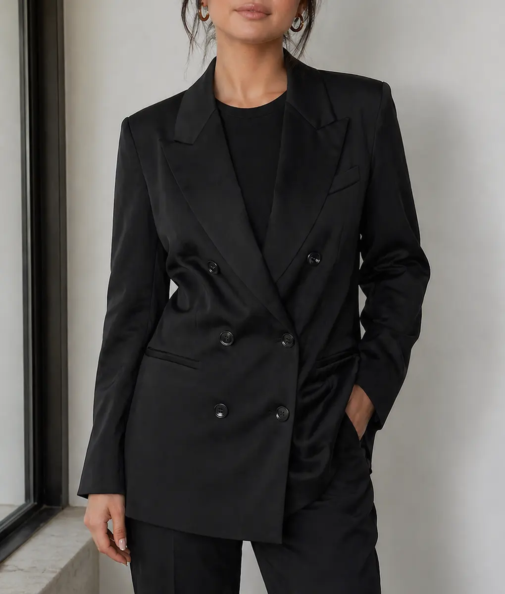 Selena Gomez Double Breasted Oversized Blazer-Front