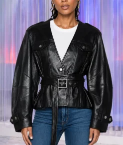 Alicia Keys Oversized Black Leather Jacket-Front