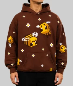 Bee Embroidered Oversized Brown Hoodie-Front