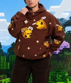 Bee Embroidered Oversized Brown Hoodie-Front