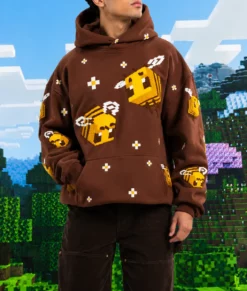 Bee Embroidered Oversized Brown Hoodie-Front