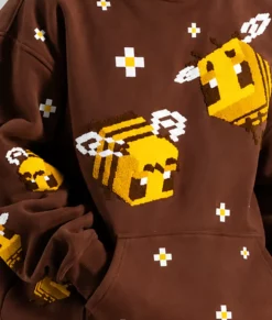 Bee Embroidered Oversized Brown Hoodie-Zoom