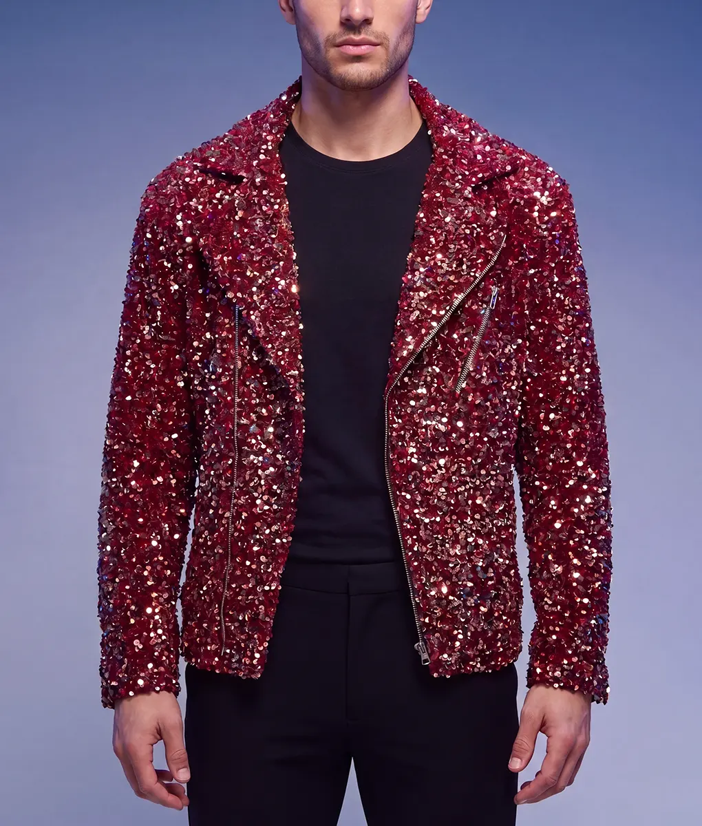 Mens Red Double Rider Sequin Jacket-Front