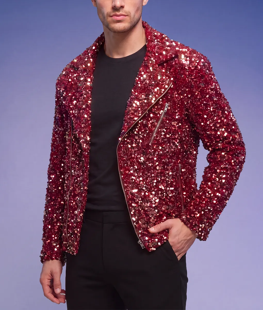 Mens Red Double Rider Sequin Jacket-Side